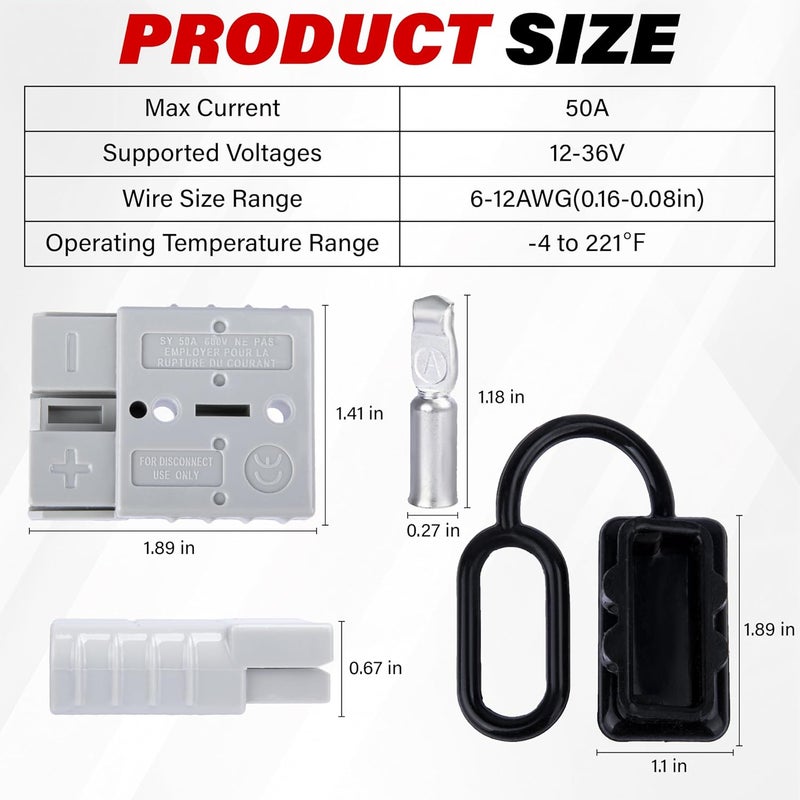 BFXM Anderson Connector 4 Pcs, 50 Amp 12-36v Batteries Quick Connect/Disconnect Plug Kit, Connectors for 6 to 12 Gauge Cables, for Car Bike ATV Winches Lifts Motors More,SB50 Grey - Image 2